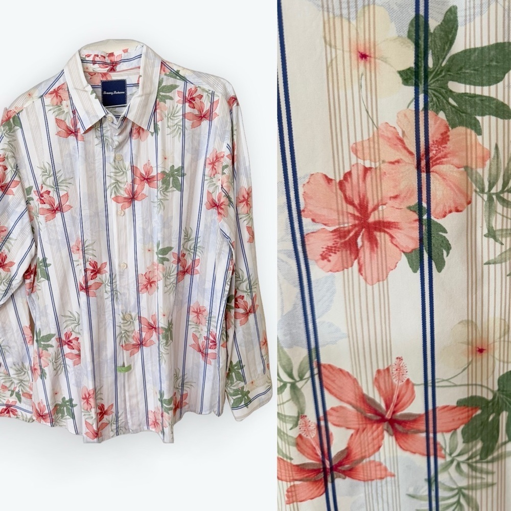 Tommy Bahama Cotton Silk Floral Button Up Long Sleeve Hawaiian Men’s Shirt Xl​​​